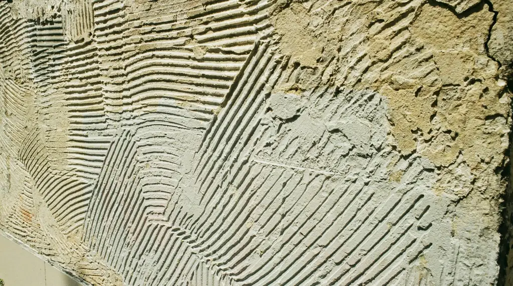 Colle à carrelage étalée et peignée au peigne cranté, sillons croisés
